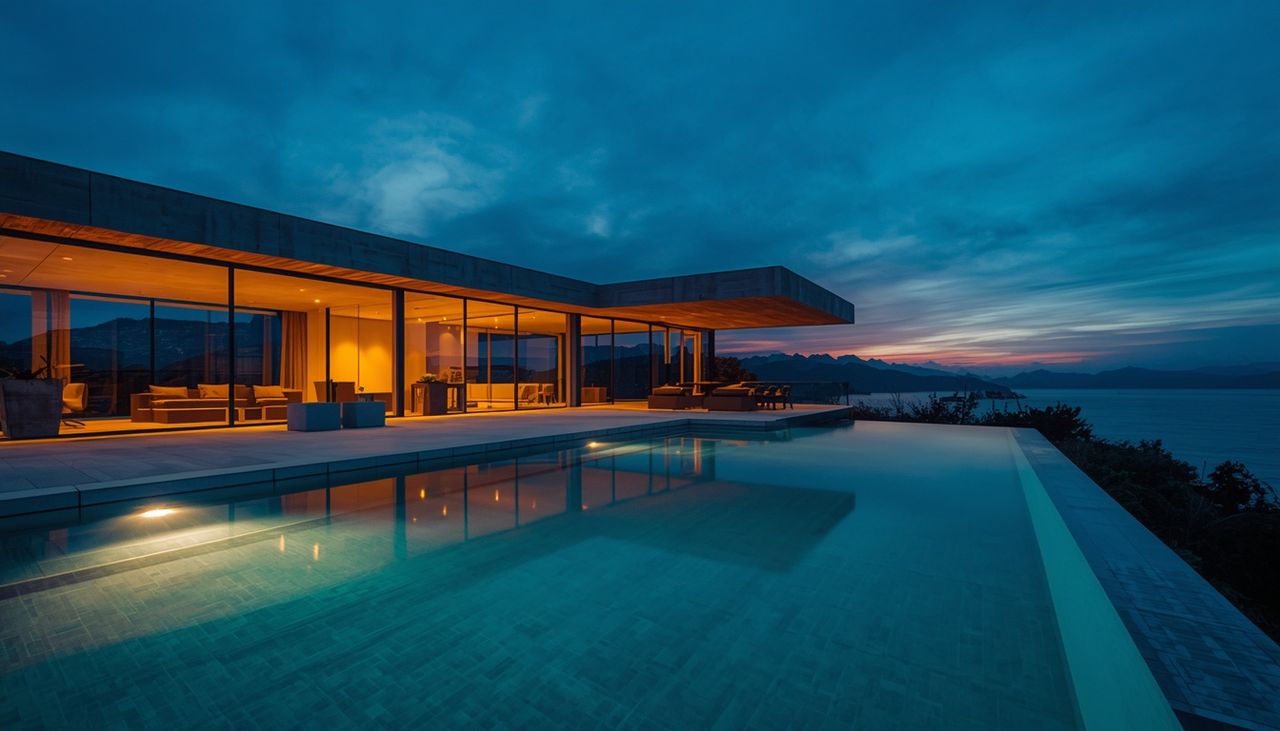 modern glass villa at dusk, infinity pool