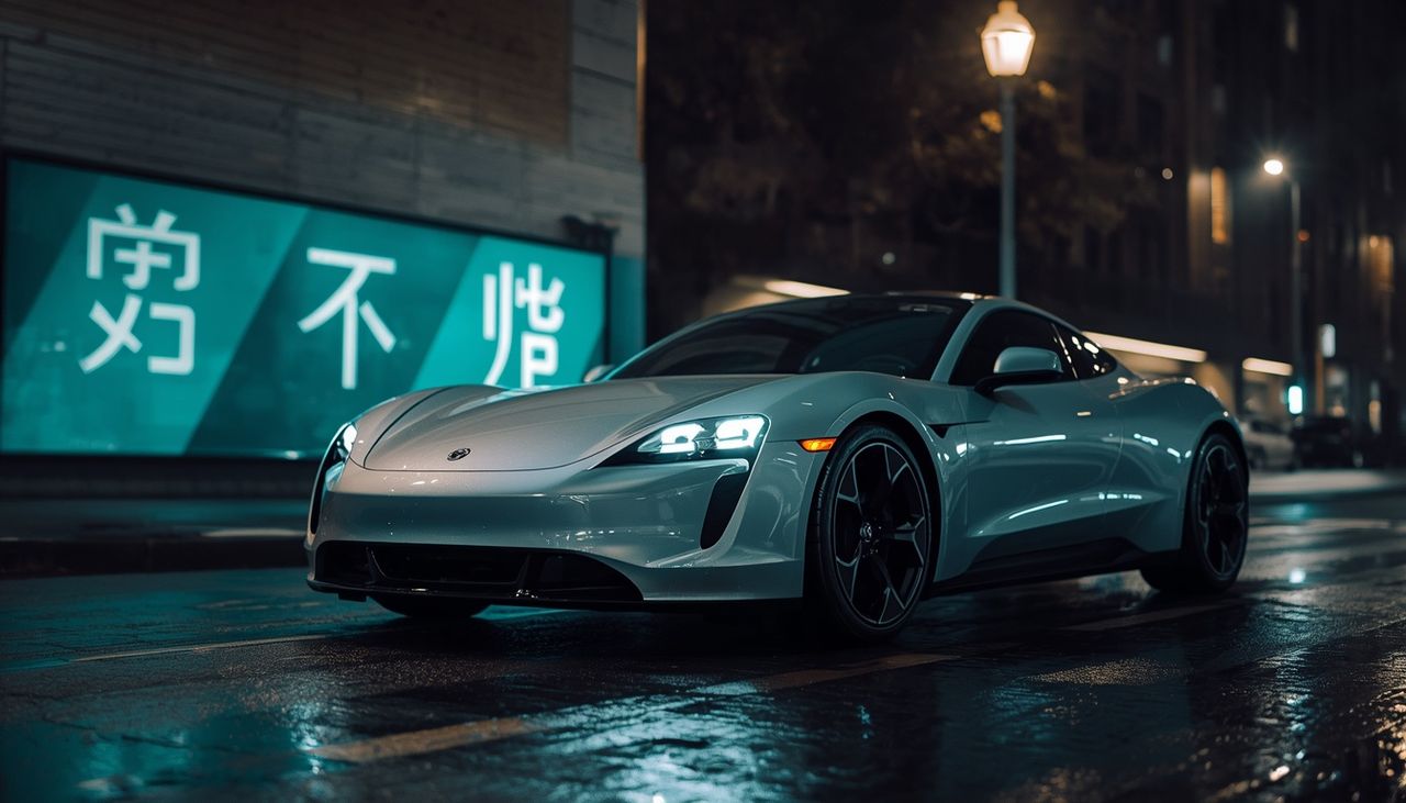 silver electric sports car, wet night street