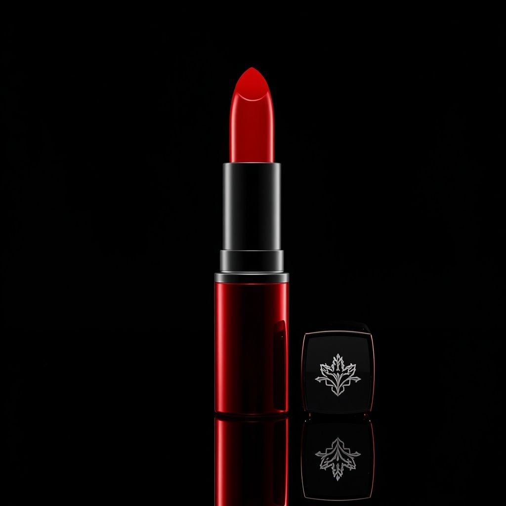 glossy red luxury lipstick, reflective black surface