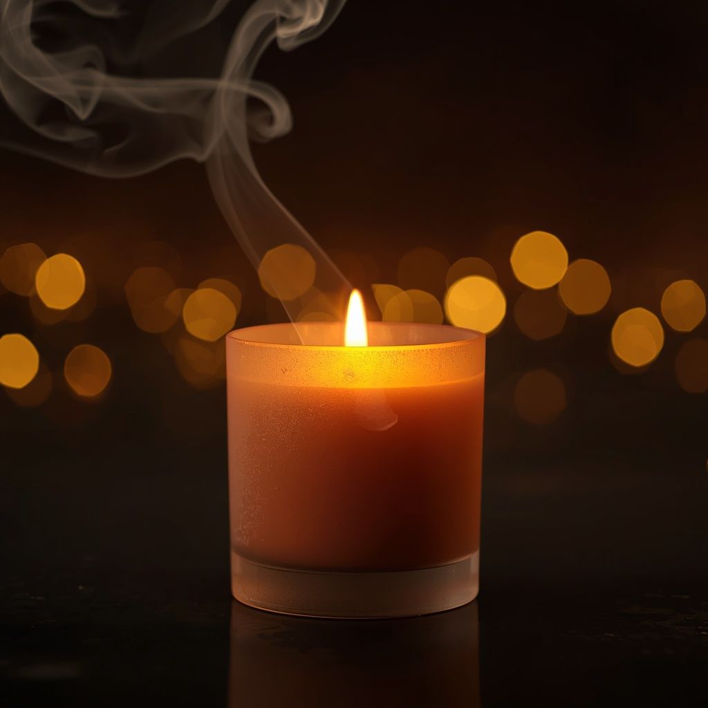 amber scented candle, soft rising smoke
