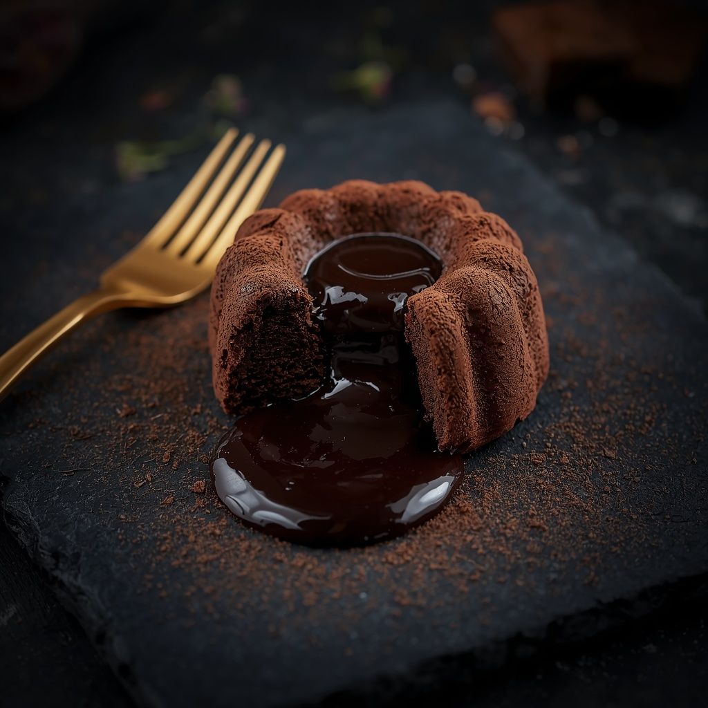 molten chocolate lava cake, dark slate plate