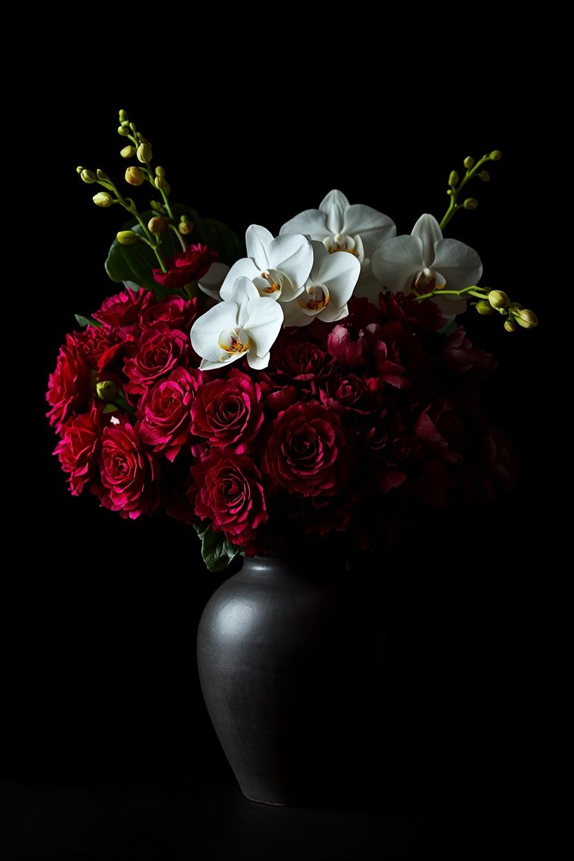 dark bouquet, deep-red ranunculus, chiaroscuro