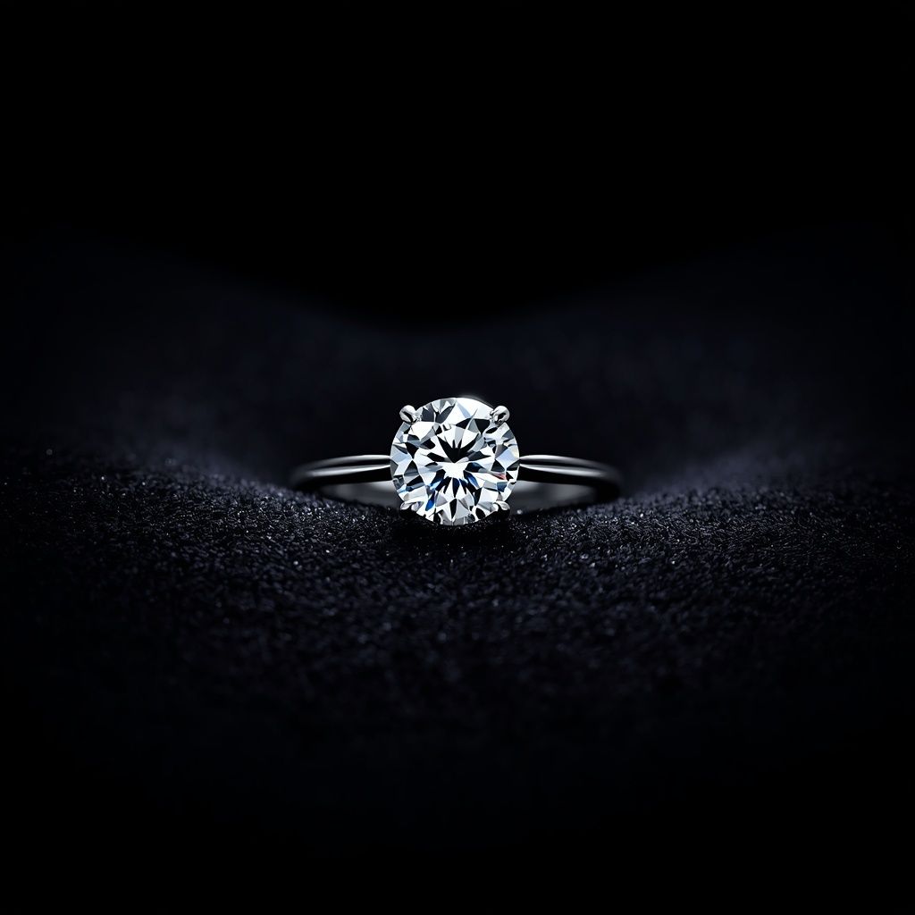 diamond solitaire on black velvet, single dramatic light