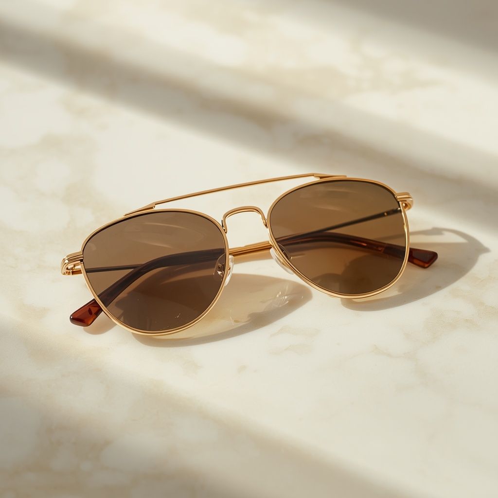 gold-frame sunglasses on polished marble